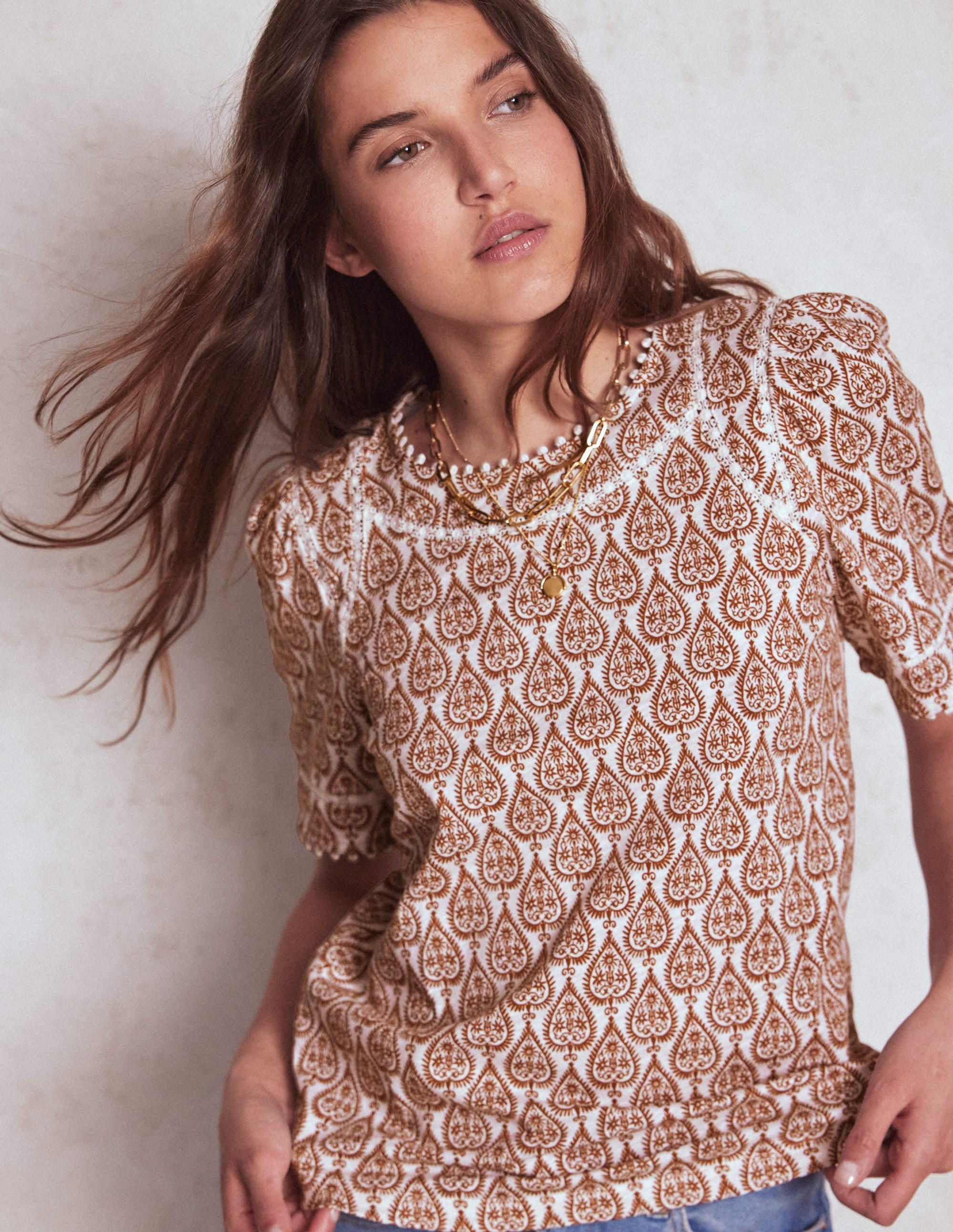 Mila Lace Trim Top-Ivory and Cognac, Ornate Geo | Boden (US)