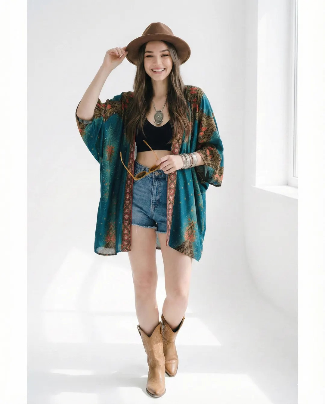 Sea Green Peacock Boho Kimono Robe Beach Cover Up Festiva | Etsy (US)