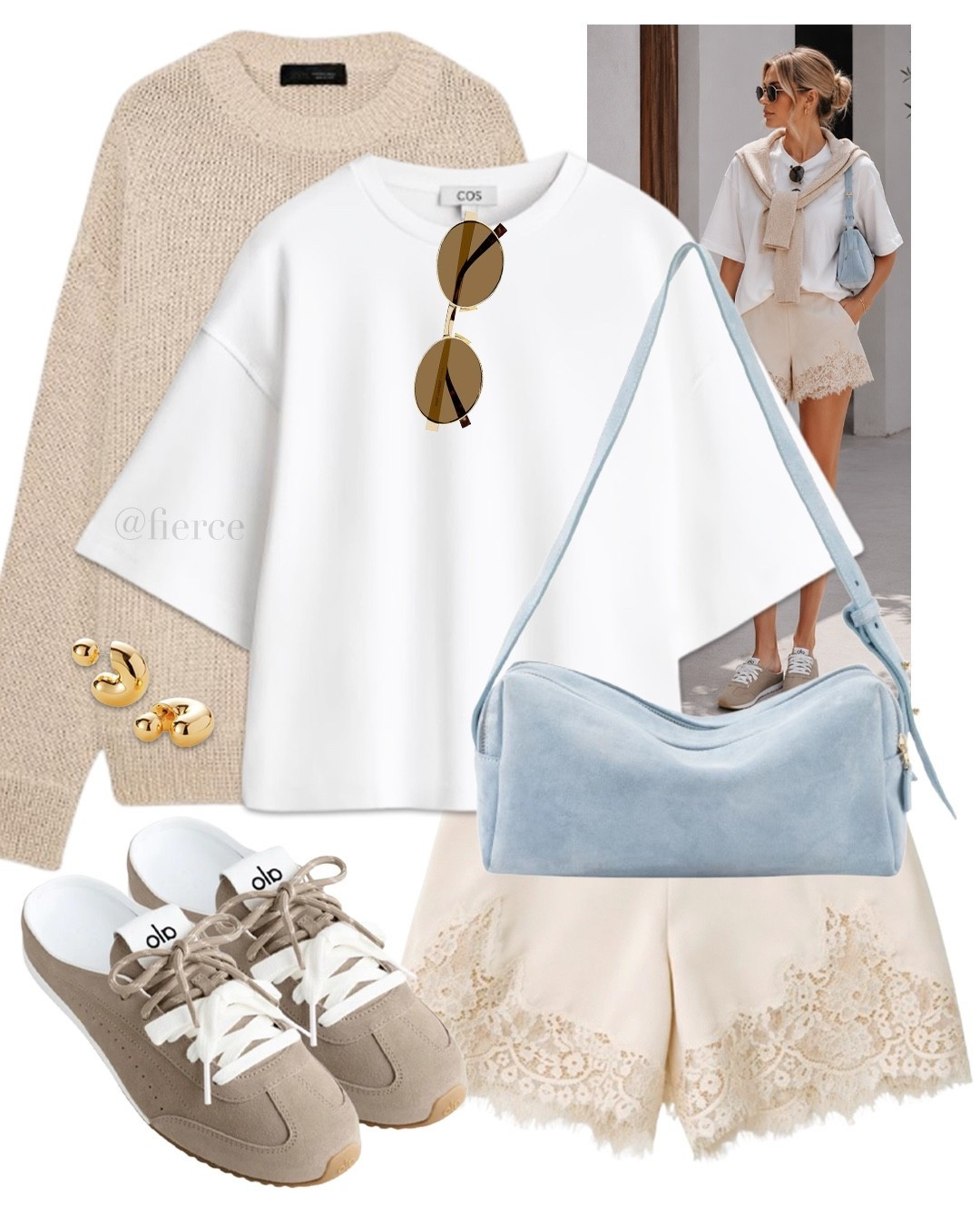 Cream satin lace shorts beige oversized jumper blue suede bag suede mule sneakers casual weekend outfit lounge wear travel coffee break

#LTKuk #LTKsummer #LTKeurope