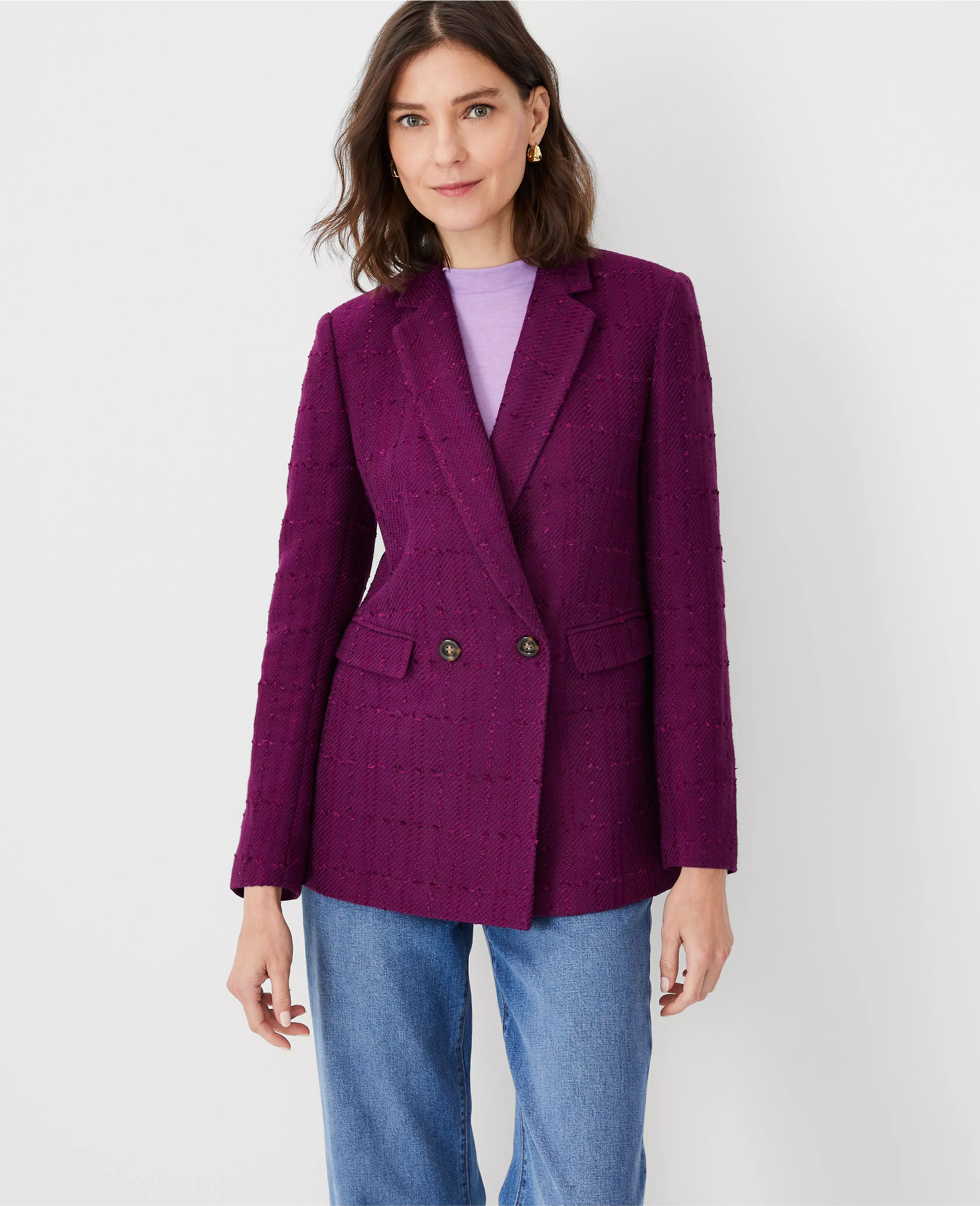 The Tailored Double Breasted Long Blazer in Tweed | Ann Taylor (US)