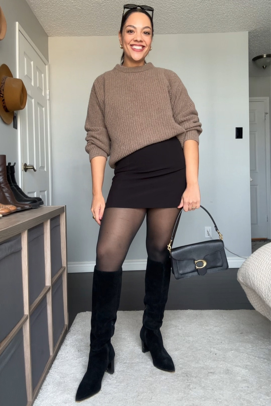 Styling a sweater & mini skirt for fall!
-Tan crew neck sweater, I have a large. 
-Black mini skirt, I have a medium. 
-Black tights, I have a large. 
-Black knee high suede boots. 
-Coach tabby shoulder bag. 
-Celine Triomphe 52mm sunglasses in black acetate. 


#LTKfindsunder100 #LTKstyletip #LTKSeasonal