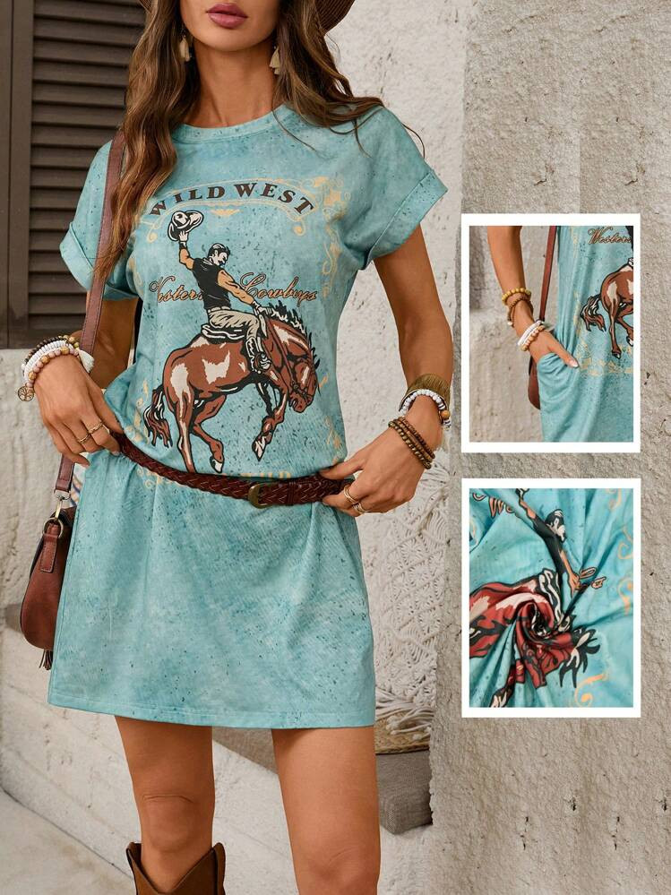 Luneh Print Pattern Knitted Dress For Women, Suitable For Music Festival & Western Style, Spring/Summer | SHEIN