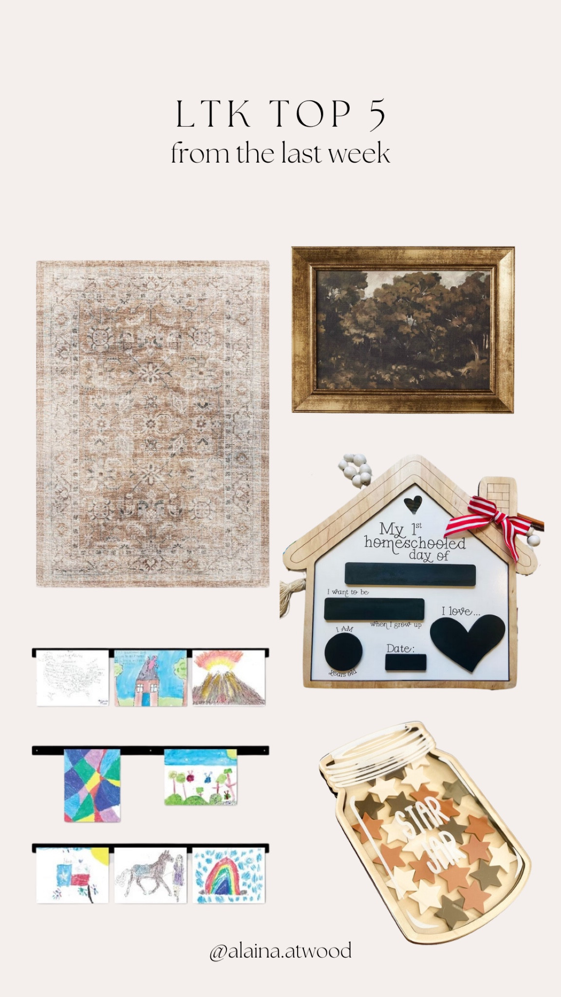 Last week’s top 5 items! 

area rug, target home, home decor, moody trees art, homeschool, homeschool sign, kids star jar, etsy, kids art display, homeschool essentials, homeschool mom 

#LTKHome #LTKKids #LTKBacktoSchool