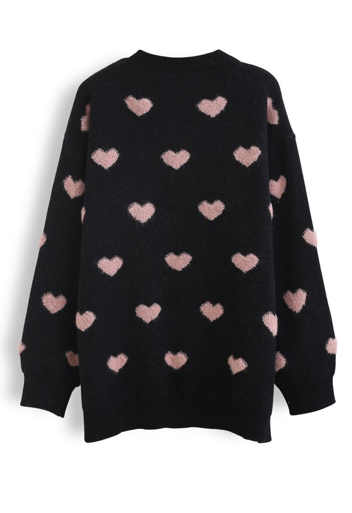 Pinky Heart Oversized Fuzzy Knit Sweater | Chicwish
