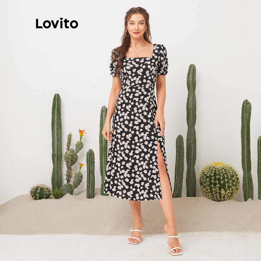 Lovito Casual Vestido de Estampa Floral de Gola Quadrada L11D32 (Preto) | Shopee (BR)