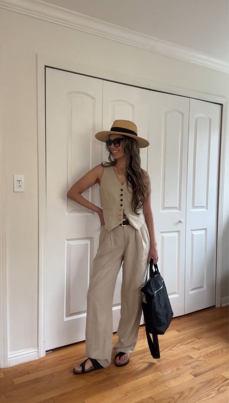 Linen vest sz XS - runs big
Linen tailored pants sz 2 
I’m 5’5” 122 lbs 
Mephisto black sandals with arch support  runs small - size up


#LTKsalealert #LTKstyletip #LTKtravel