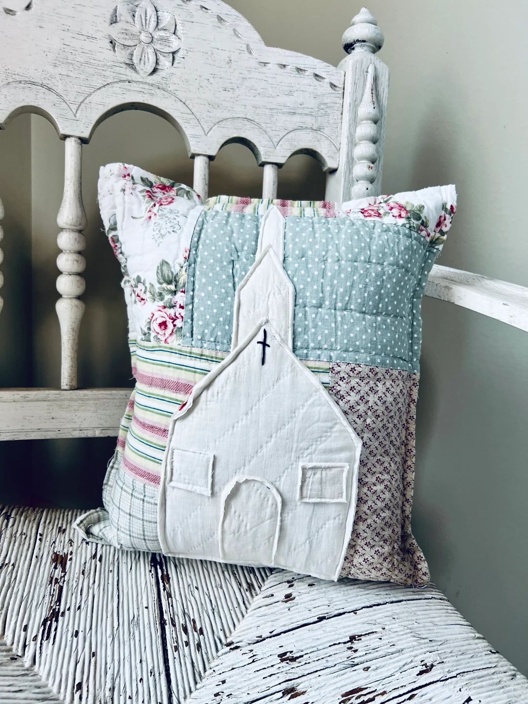 Cottage Farmhouse Vintage Quilted Church Pillow | Etsy (US)