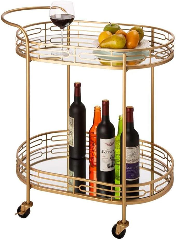 glitzhome 30.75" H Oval Gold Bar Cart with 4 Wheels 2-Tier Deluxe Tray Metal Mirrored Glass Top R... | Amazon (US)