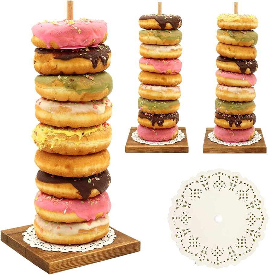 Farmhouse Donut Stand with Doilies, 3PCS Wooden Donut Holder Display 27 Donuts, Reusable Bagel Do... | Amazon (US)