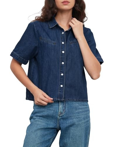 YEXPINE Women's Short Sleeve Button Down Denim Shirt Casual Loose Summer Jean Shirt | Amazon (US)
