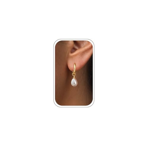 POAIIU Gold Pearl Earrings for Women, Pearl Drop Earrings 14K Plated Dangle Hoop, Pearl Hoop Earrings Bridesmaid Earrings Tarnish Resistant | Amazon (US)