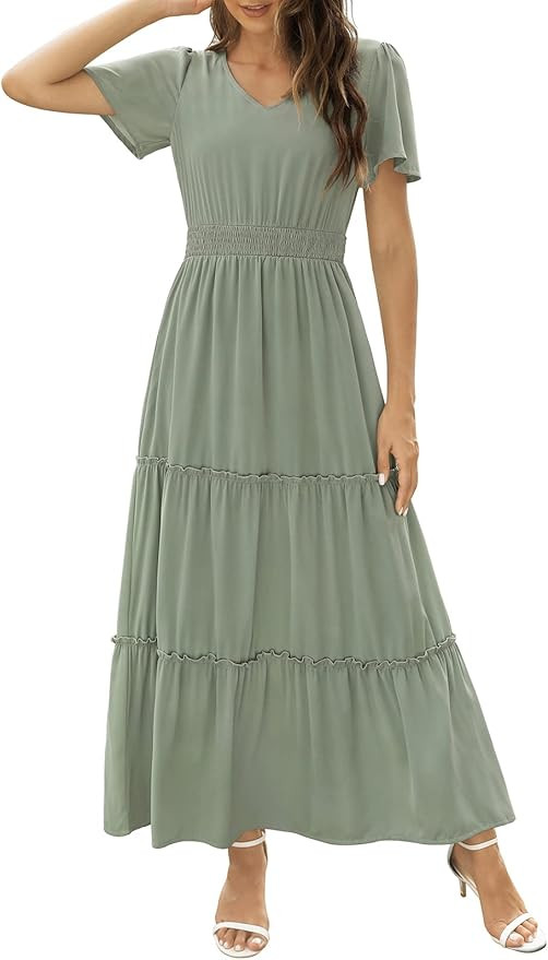 Zattcas Womens 2023 Summer Casual Long Dress Short Flutter Sleeve V Neck Smocked Tiered Modest Fl... | Amazon (US)