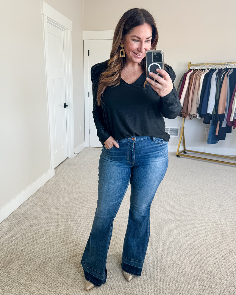 Casual Holiday outfit with shimmer top 
· Jeans tts, 12 // Top tts, L 

Holiday outfit, holiday party outfit, jeans, thanksgiving outfit

#LTKMidsize #LTKSaleAlert #LTKHoliday