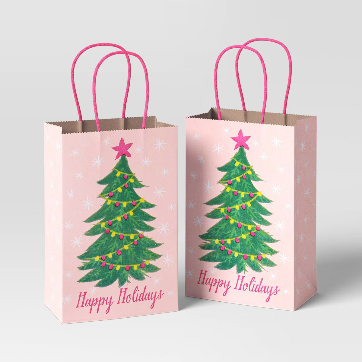 2ct 'Happy Holidays' Tree Jr. Tote Christmas Gift Bag Pink - Wondershop™ | Target
