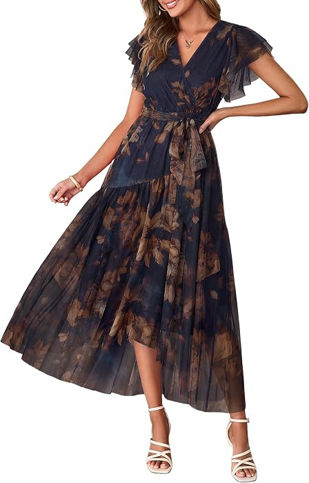 Simplee Womens Summer Floral Maxi Dress 2026 Short Sleeve V Neck Belted Mesh Hem Split Flowy Beac... | Amazon (US)
