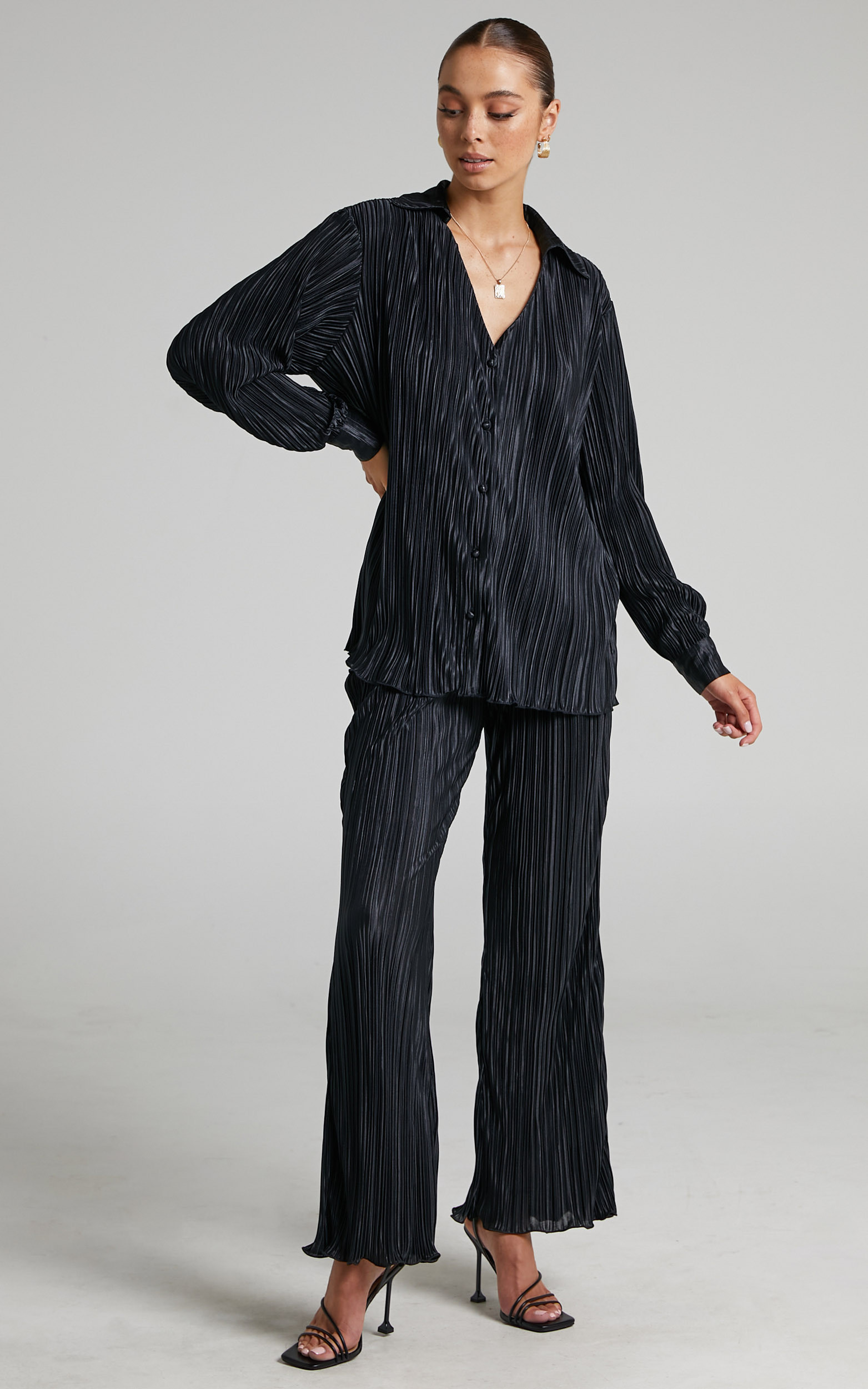 Beca Plisse Flared Pants in Black | Showpo (US, UK & Europe)