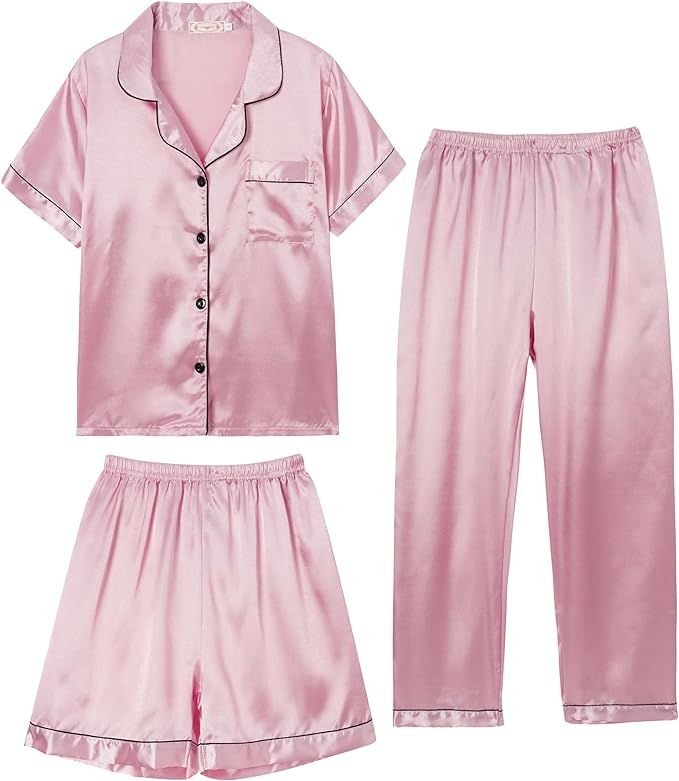 Unisex Girls Boys Kids Pajama Sets Button Down Satin Sleepwear Nighty 3PCS Silky Lounge Sets Nigh... | Amazon (US)