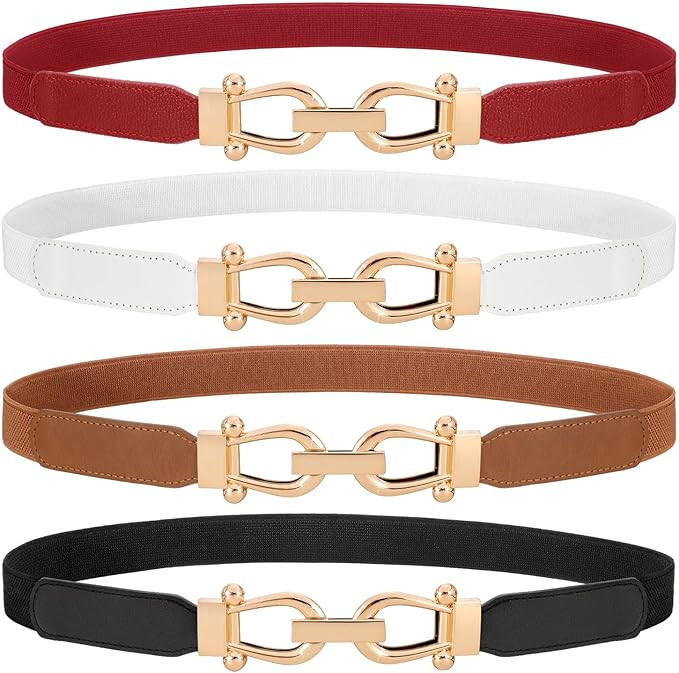 WERFORU 4 Pack Women Skinny Elastic Waist Belt Gold Buckle Stretchy Thin Belt for Jeans Dress | Amazon (US)
