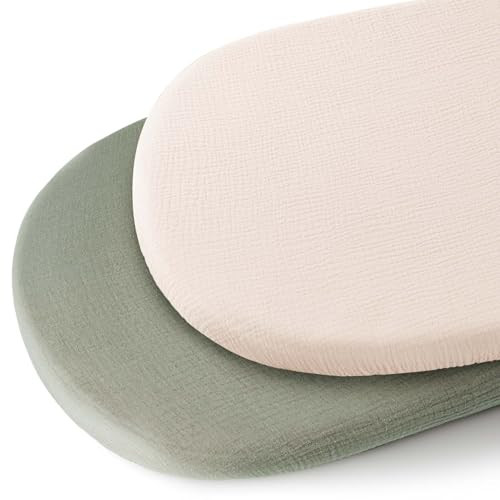 Konssy 2 Pack Muslin Bassinet Sheets for Baby Boy, 100% Cotton Soft Breathable Bassinet Mattress Sheets Fit for Hourglass Oval Cradle Rectangle Mattress (Fog Green,Cream) | Amazon (US)