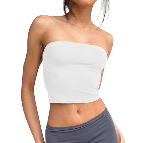 Generic Tube Tops for Women,2024 Summer Trendy Sexy Crop Bandeau Shirts Ladies Basic Plain Backless Sleeveless Slim Fit Strapless Tshirts Y2K Tops Vacation Outfits Teen Girls Clothing(A-White,XS) | Amazon (US)