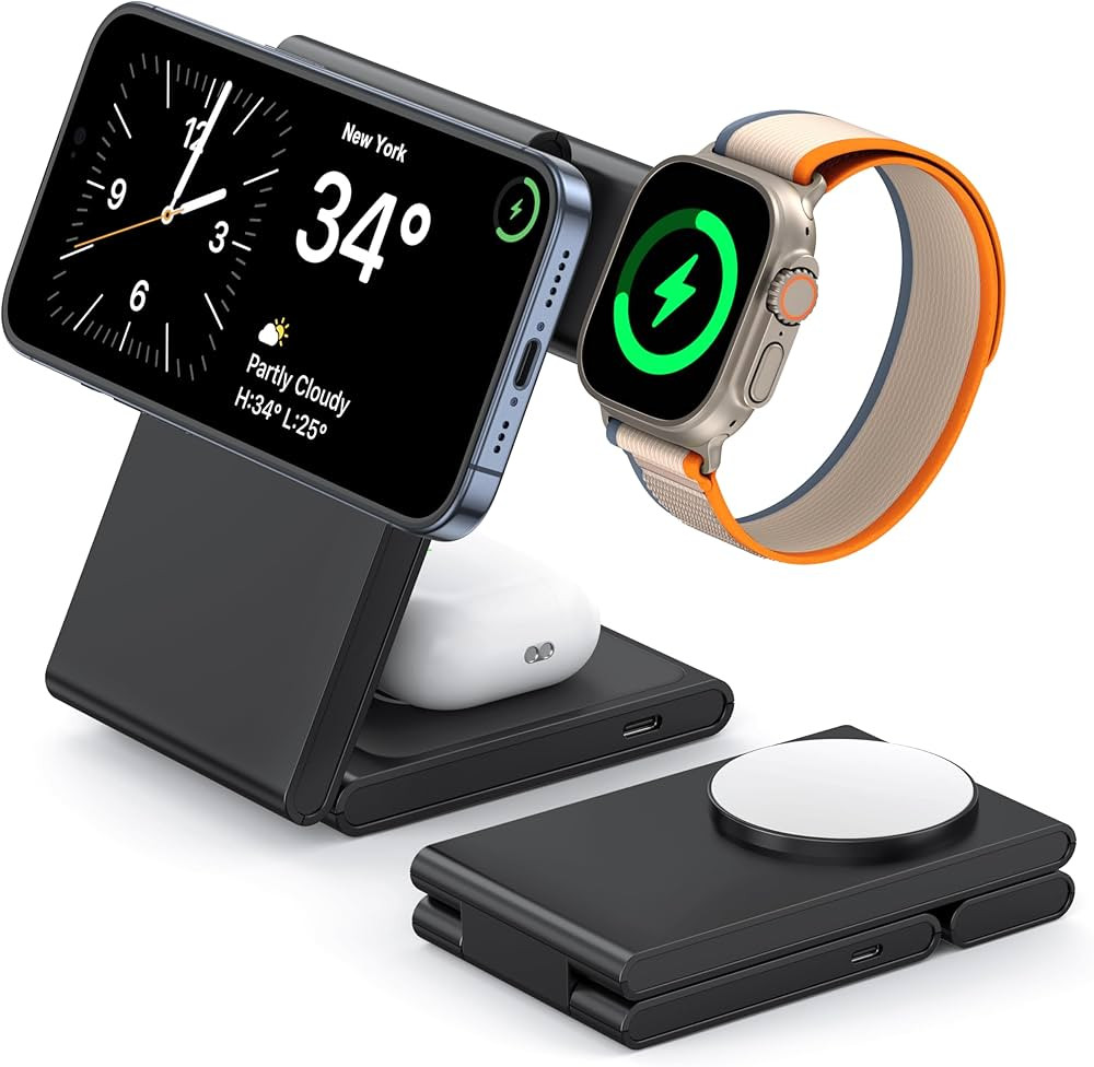 3 in 1 Wireless Charging Station for Multiple Devices, Fast Foldable Travel Mag-Safe Stand for iP... | Amazon (US)