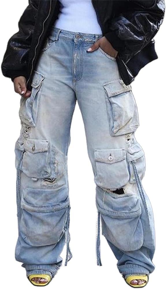 Lucuna Women's Cargo Pants Y2K High Waist Baggy Jeans Flap Pocket Loose Denim Pants Streetwear | Amazon (US)