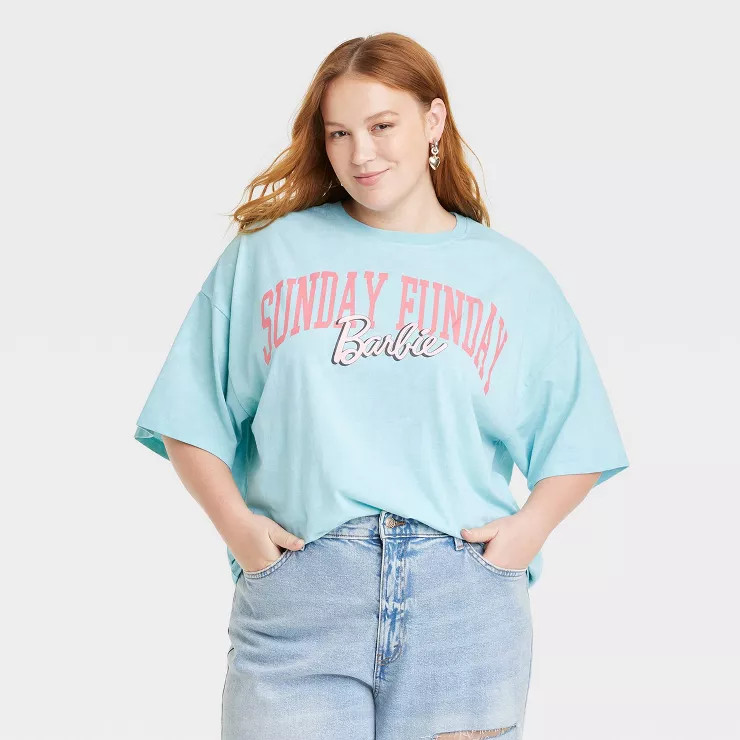 Women's Barbie Sunday Funday Oversized Short Sleeve Graphic T-Shirt - Blue | Target