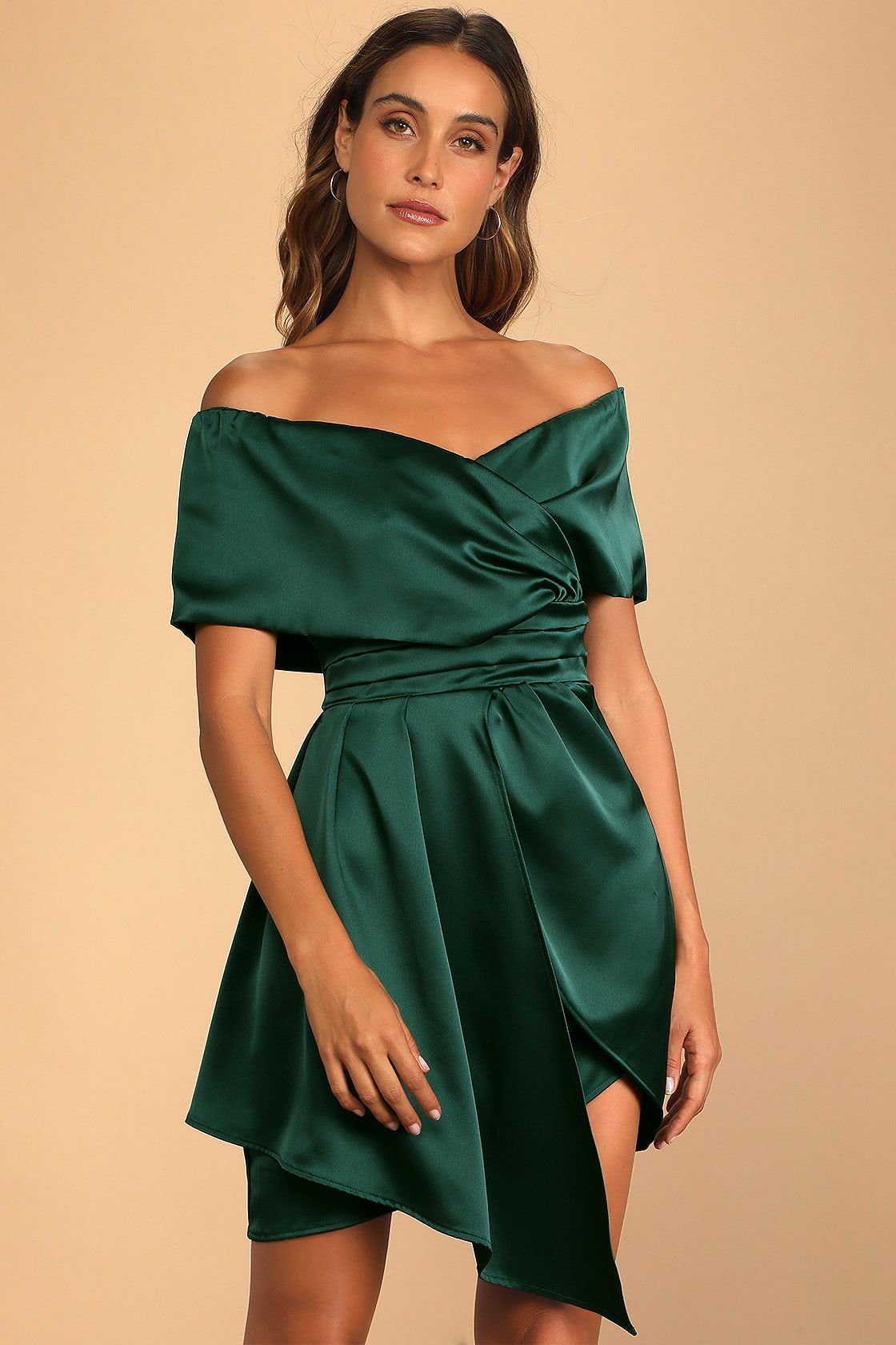 Always Celebrating Dark Green Satin Off-the-Shoulder Mini Dress | Lulus (US)