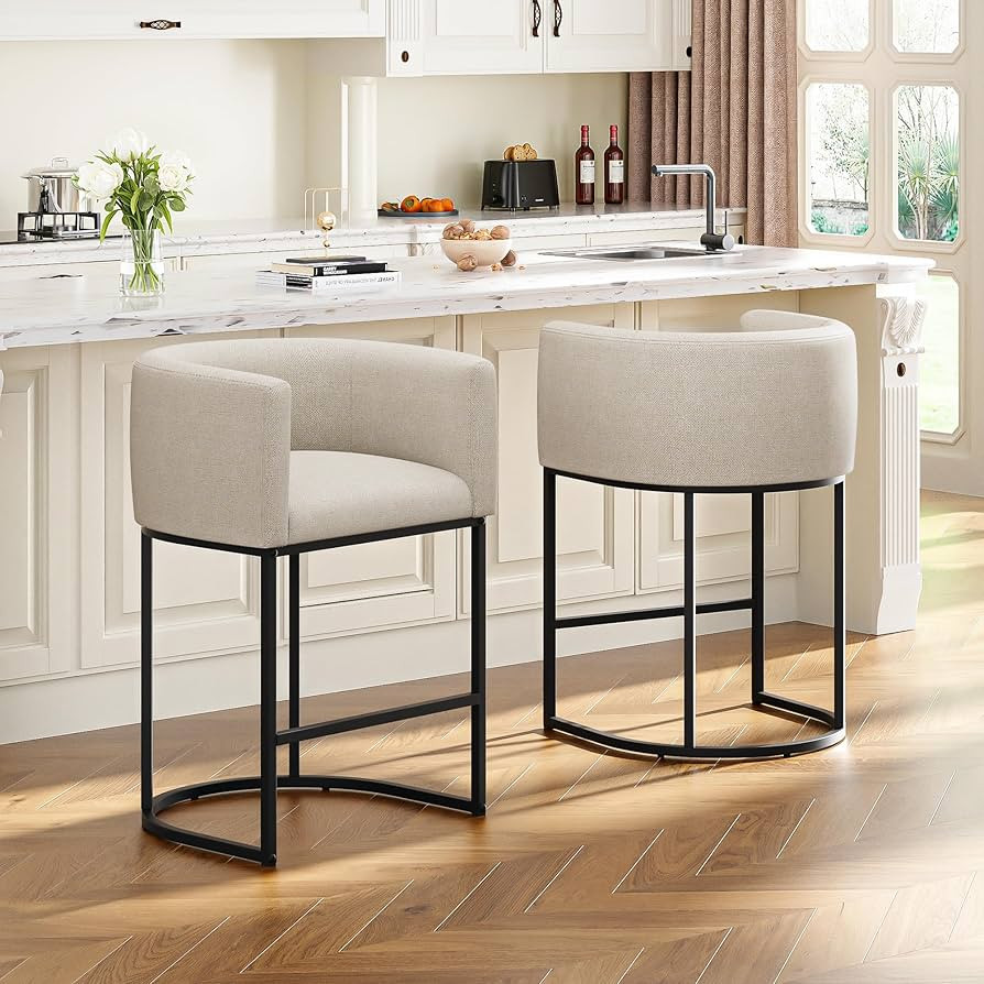 26" H Counter Height Bar Stools Set of 2, Modern Barrel Counter Stools with Backrest and Arms, Li... | Amazon (US)