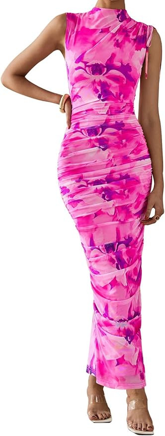 PRETTYGARDEN Women's Summer Maxi Floral Dresses Ruched Bodycon Sleeveless Mesh Formal Wedding Gue... | Amazon (US)