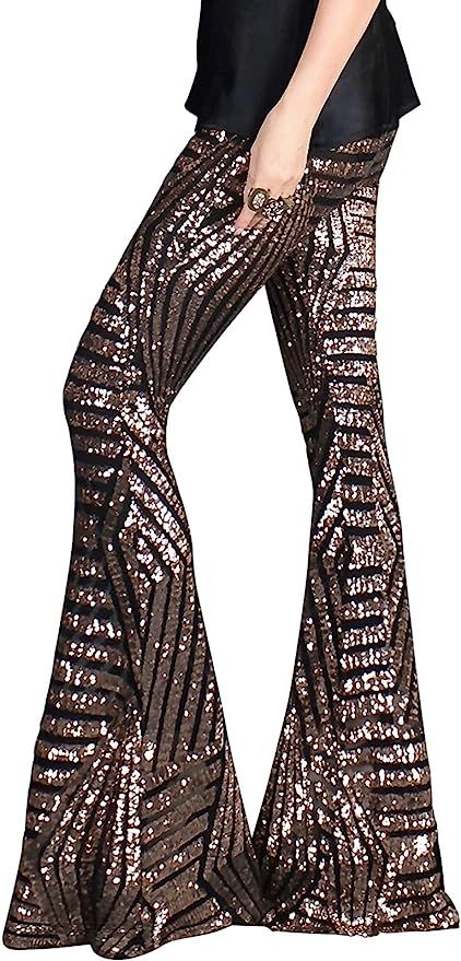 BLENCOT Bell Bottoms for Women High Waisted Wide Leg Palazzo Pants Bling Sequin Flared Trousers | Amazon (US)