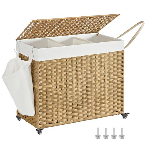 SONGMICS Laundry Hamper with Lid, 42.3 Gallons (160 L), Rolling Laundry Basket with Wheels, 3-Section Synthetic Rattan, Removable Liner, Bedroom, 29.9 x 13 x 26 Inches, Natural ULCB365N01 | Amazon (US)
