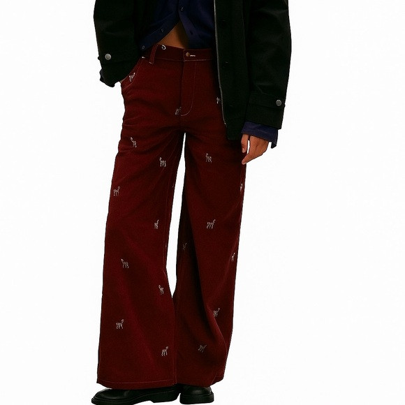 Free People Corduroy Wide Leg Embroidered Pants Deer Darlin Size 29 NWT | Poshmark