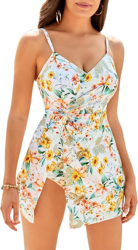 GRACE KARIN Women's One Piece Swimsuits Tummy Control V Neck Twist Knot Tropical Skirted Swimdres... | Amazon (US)