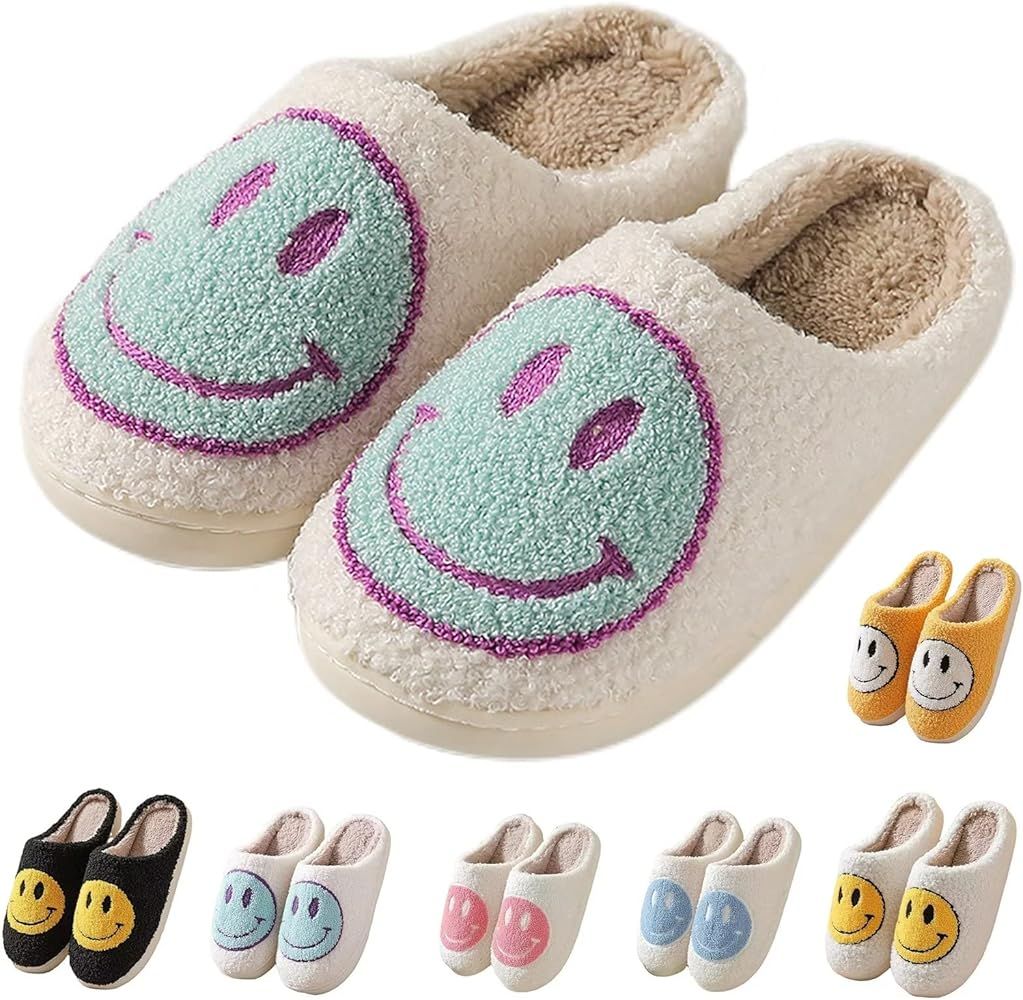 Smiley Face Slippers For Women Men Retro Fuzzy Smile Slippers Winter Indoor Soft Cushion Flat Fluffy | Amazon (US)
