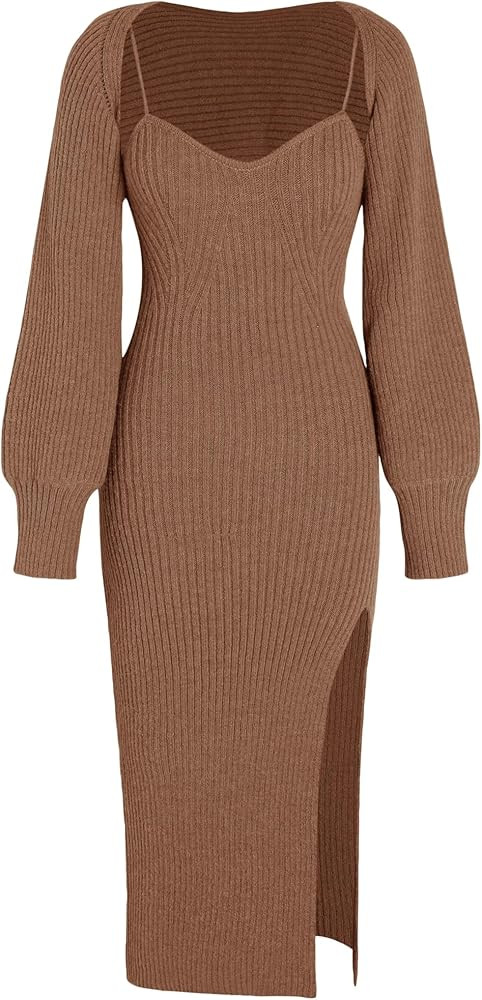 CIDER 2 Piece Sweater Dresses for Women Winter Slit Long Sleeve Womens Midi Dress Pullover Bodyco... | Amazon (US)