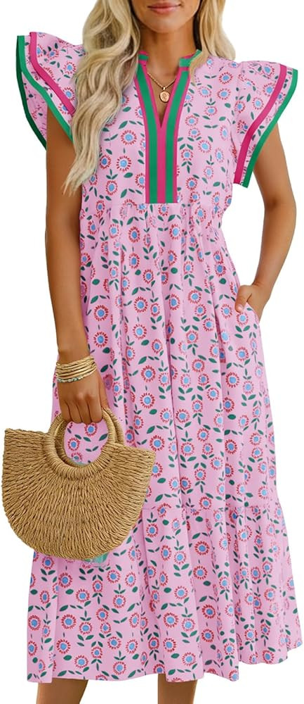 Wenrine Womens Summer Floral Midi Dresses Ruffle Cap Sleeve V Neck Flowy Boho Casual Beach Vacati... | Amazon (US)