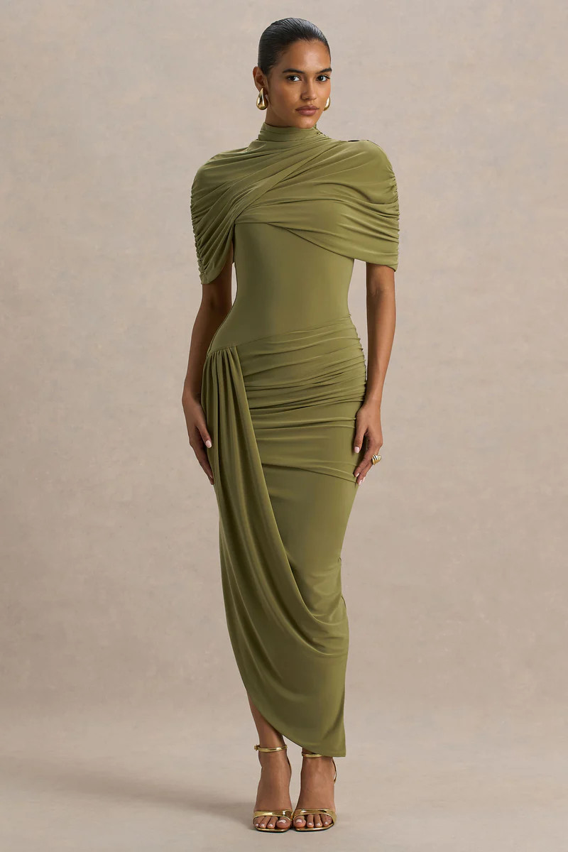 Enchant  Olive Asymmetric Twisted Cape Midi Dress | Club L London