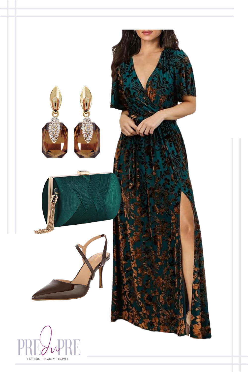 I just found my perfect dress for the next formal event, and I had to share the details with you! This velvet wrap maxi dress in a gorgeous emerald green and bronze floral print is a showstopper. I paired it with these stunning smoky quartz earrings and a matching teal clutch to bring out the rich jewel tones—it instantly elevates the whole look. This outfit makes me feel so elegant and confident! If you have a wedding, gala, or holiday party coming up, this look is an informed choice that will keep you chic without breaking the bank. Head to the link to shop the entire look and get ready to be the best-dressed guest!

#weddingguestdress #formaldress #weddingguestoutfit #velvetdress #maxidress #galaoutfit #holidaypartylook #jeweltones #fallfashion #fallstyle #preduprestyle #ltkstyle #ltkfashion #founditonltk #shopthelook 

 #LTKParties #LTKFindsUnder100 #LTKWedding