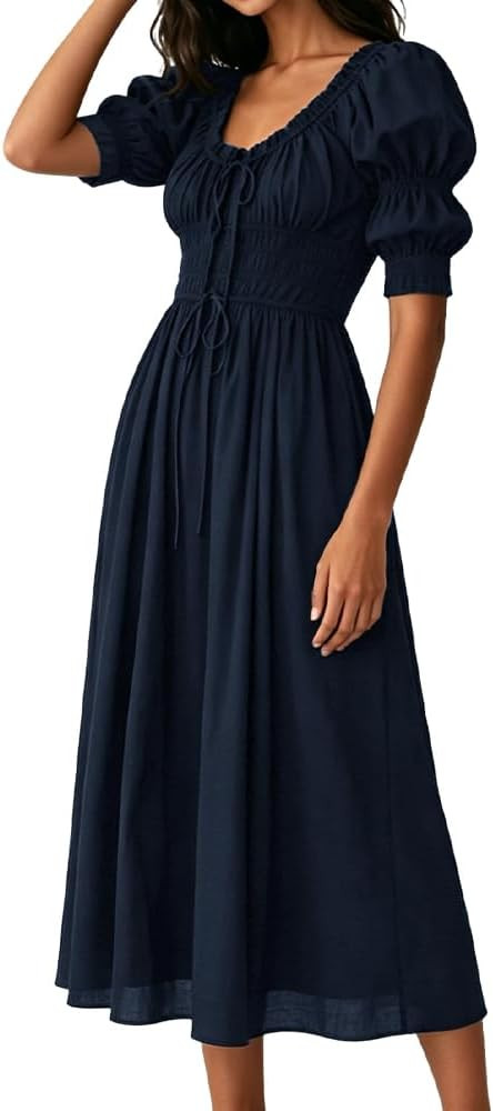 Womens Summer Casual Cotton Puff Half Sleeve Midi Dress Ruffle Smocked Flowy Long Dress for Boho ... | Amazon (US)