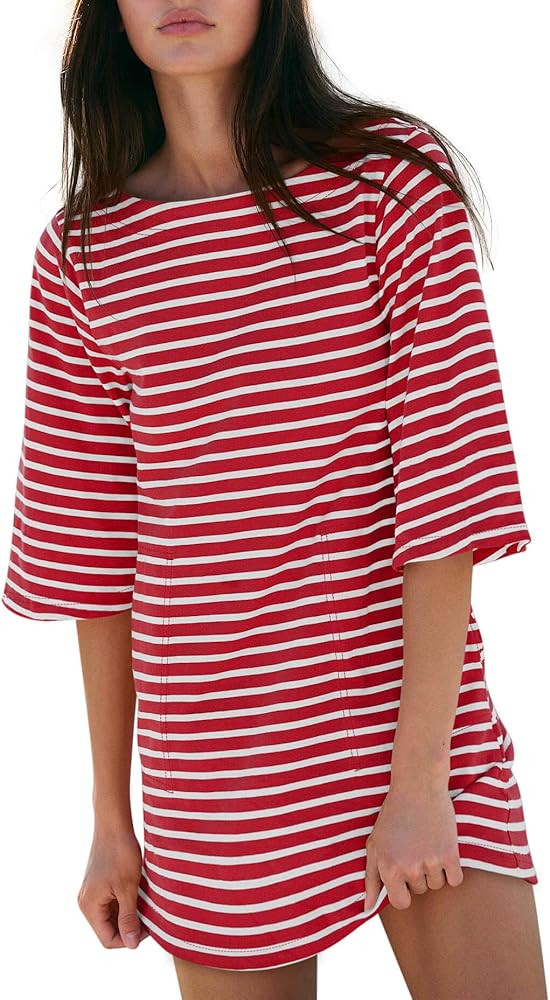 Yousify Women’s T Shirt Dress Cotton Summer Dresses 2025 Casual Loose Short Sleeve Striped Mini... | Amazon (US)