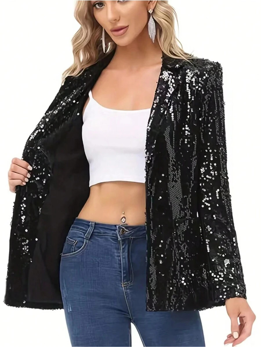 SHEIN Privé Women's Notched Lapel Glitter Long Sleeve Blazer Jacket | SHEIN