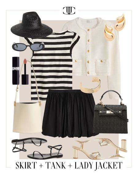 This outfit includes an easy skirt, striped tank top and a lovely lady jacket to throw over the shoulders. 

Lady jacket, skirt, tank top, striped top, sun hat, sandals, heels, lipstick, bucket bag, cross body bag, summer outfit, spring outfit, summer look, casual look, easy outfit

#LTKshoecrush #LTKover40 #LTKstyletip
