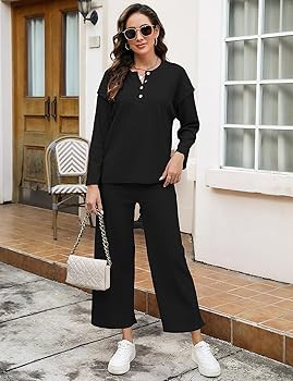 ROYLAMP Womens 2 Piece Outfits Oversized Long Sleeve Button Crew Neck Top Long Pant Trendy Lounge... | Amazon (US)
