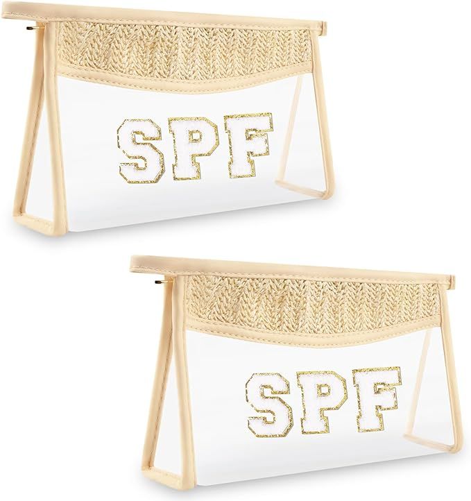 2 Pcs Boho Straw Clear Makeup Letter Bag BEACH Pouch, Sunscreen Bags for Beach Travel Small Cute ... | Amazon (US)