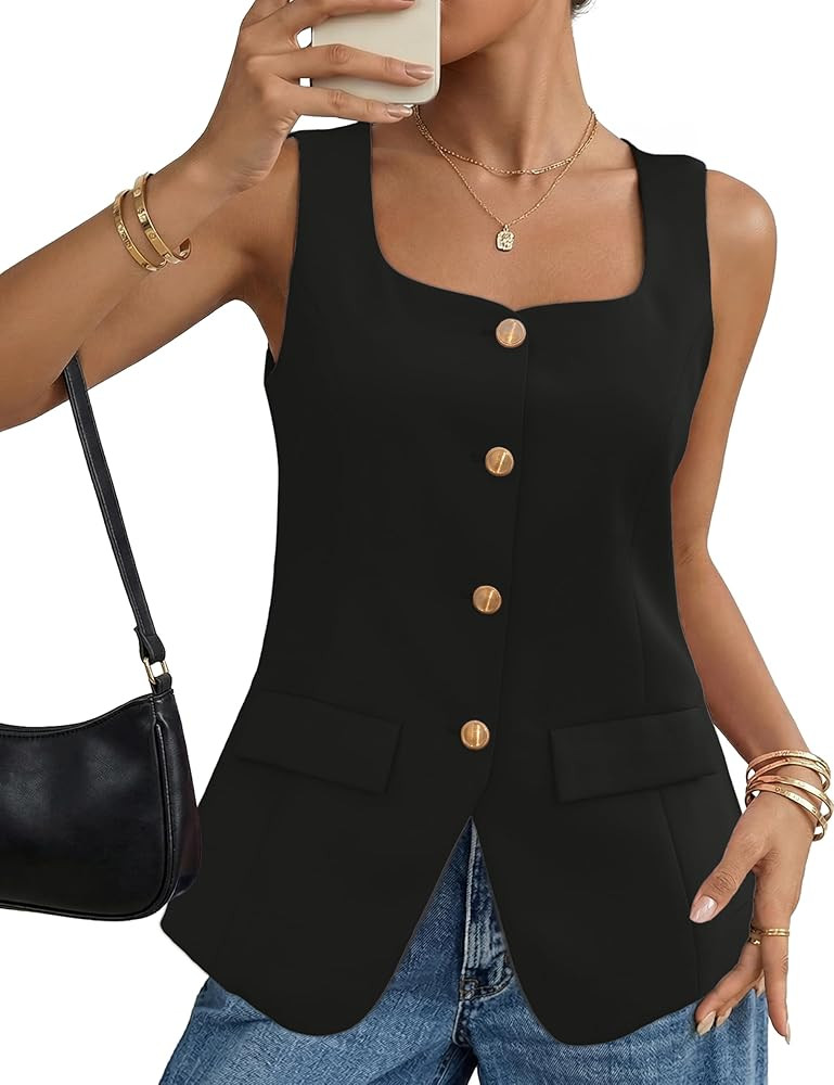 Vest for Women Sleeveless Blazer Vest Tops with Square Neck, Button Front, Business Casual & Ever... | Amazon (US)