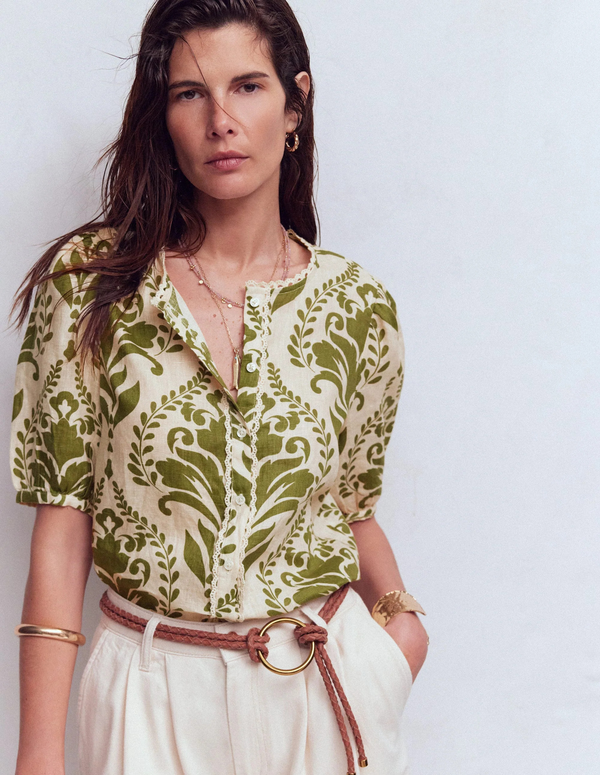 Leah Short Sleeve Linen Top-Ivory and Green Floral | Boden (US)