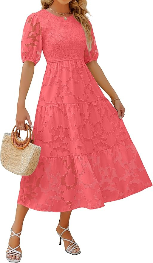 ZESICA Women's 2024 Summer Short Puff Sleeve Crewneck Smocked Floral Lace Flowy A Line Tiered Max... | Amazon (US)