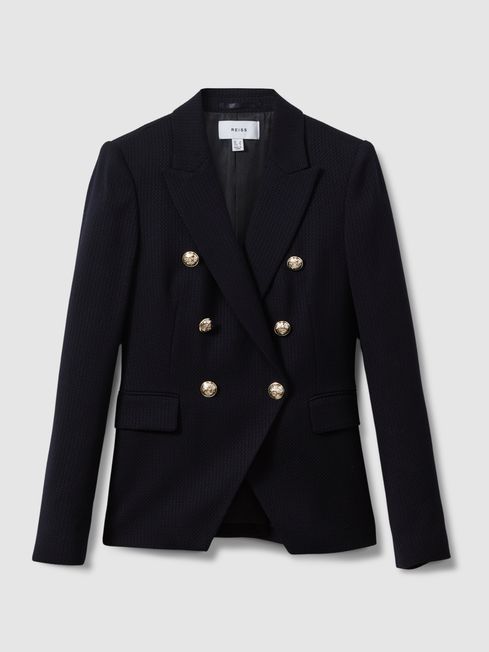 Tailored Fit Textured Double Breasted Blazer in Navy | Reiss UK