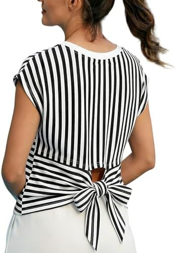 Women's Tie Back Bow Striped T Shirt | 2026 Summer Cap Sleeve Casual Tops, Lightweight Basic Blou... | Amazon (US)